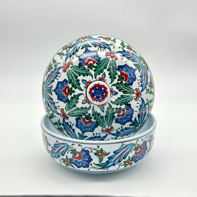 Blue Handmade Ceramic Lidded Bowl (16cm) Blue and Red Spring Flowers Flat Top Finial For Sale - Image 8 of 9