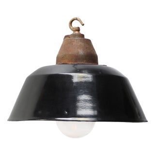Vintage Industrial Black Enamel Pendant Light in Cast Iron and Clear Glass For Sale