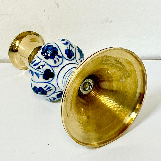Mid-Century Boho Chic Hollywood Regency Ceramic Delft Blue & White, Brass Candle Holder For Sale - Image 11 of 11