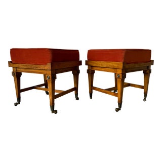 70's Hollywood Regency Walnut Ottomans on Brass Casters - a Pair For Sale