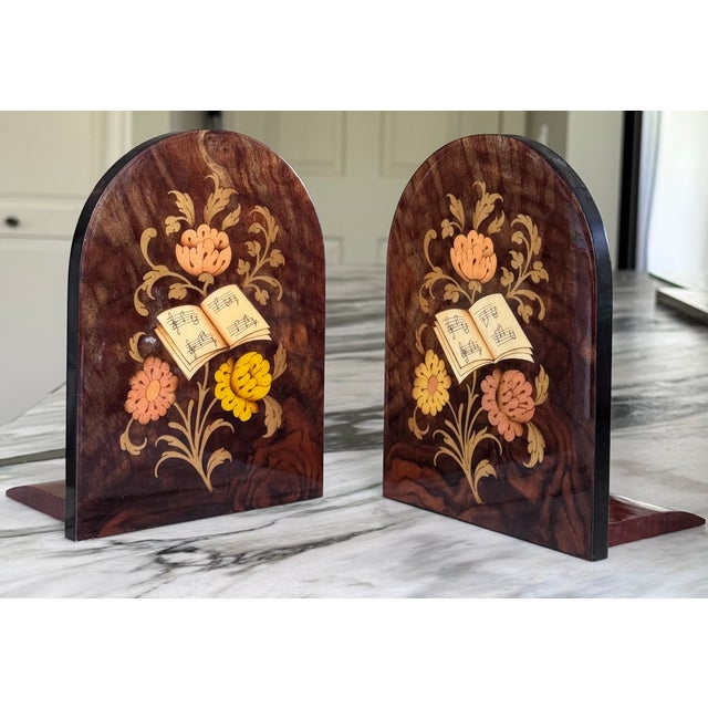1970s Italian Floral Inlay Music Book Motif Book Ends - A Pair Made in Italy For Sale - Image 5 of 9