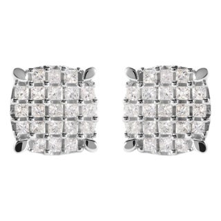 10K White Gold 3/4 Cttw Princess Diamond Composite Cushion Shape Stud Earrings (I-J Color, I1-I2 Clarity) For Sale