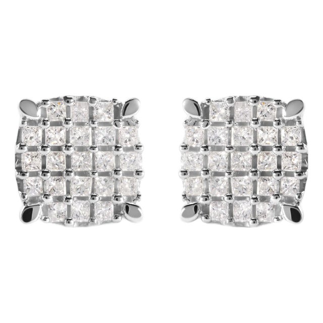 10K White Gold 3/4 Cttw Princess Diamond Composite Cushion Shape Stud Earrings (I-J Color, I1-I2 Clarity) For Sale
