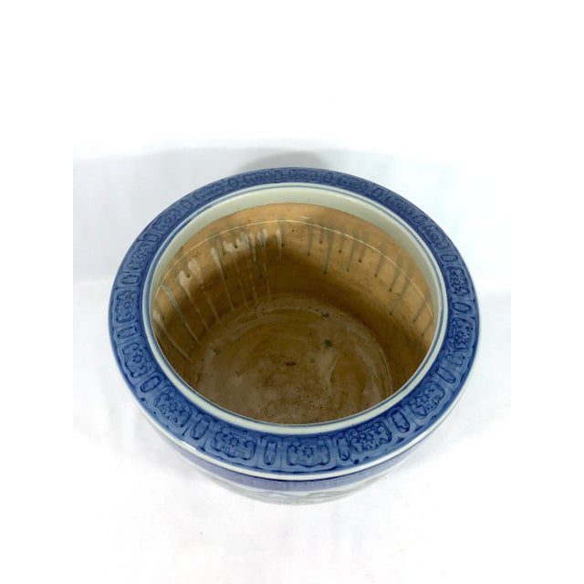 Vintage Chinese Blue & White Porcelain Planter, Wrap Around Shan Shui Mountain & Water Landscapes For Sale - Image 9 of 11