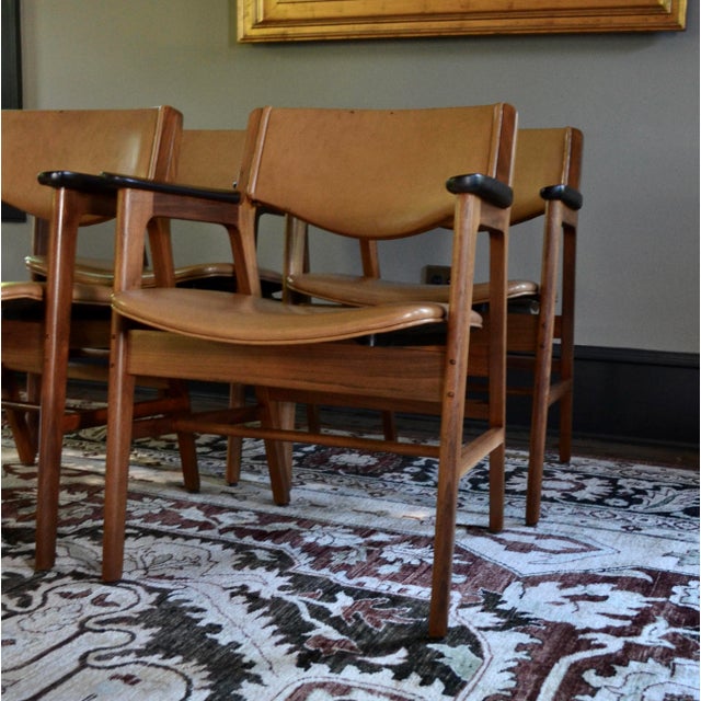 Mid-Century Modern Jens Risom Style Walnut Arm Chairs - Set 4 For Sale - Image 3 of 15