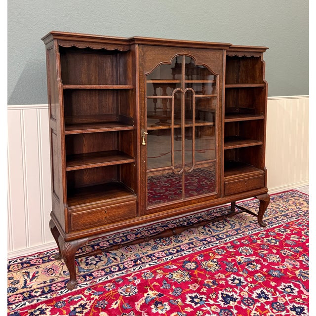 Antique English Bookcase Bookshelf Cabinet Glass Oak Queen Anne Legs 1920s-30s For Sale - Image 15 of 18