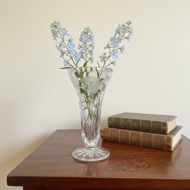 English Vintage Anna Hutte Bleikristall Lead Crystal Etched Rose Vase-Germany-Bud-Floral For Sale - Image 3 of 10