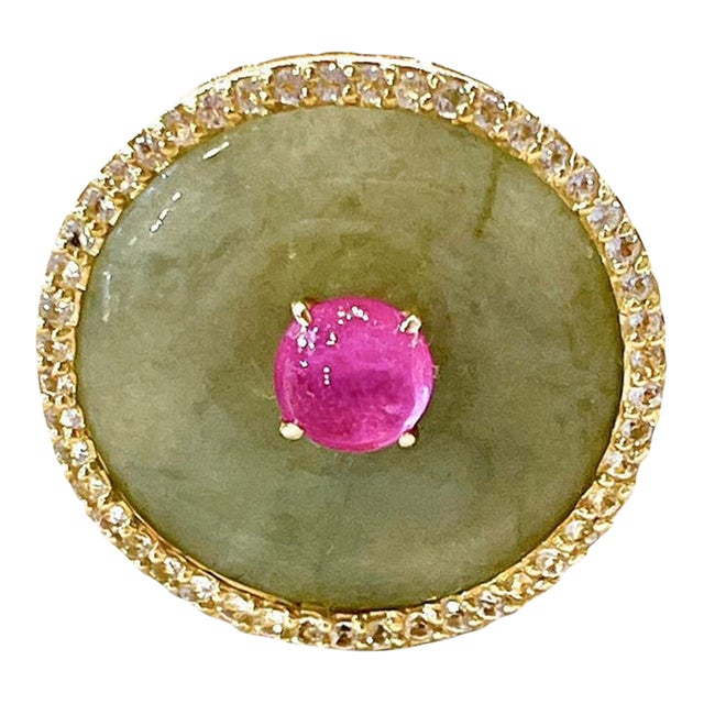Bochic “Orient” Jade, Ruby & Diamond Dome Ring Set 18k & Silver Size 7.5 For Sale