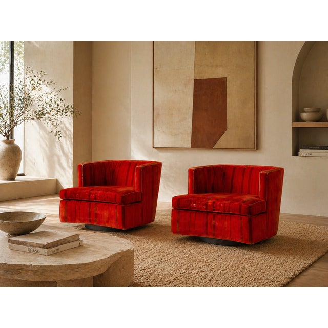 Pair of vintage Harvey Probber swivel lounge chairs upholstered in their original Jack Lenor Larsen striped velvet fabric....