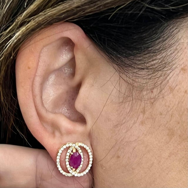 Diamond Ruby Stud Earrings 14 Karat Yellow Gold 2.41 TCW Certified For Sale - Image 9 of 17