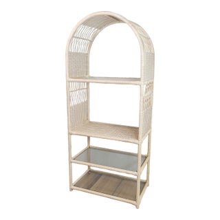 1980s Organic Modern Arched Wicker & Glass Etagere Shelves Cerused Finish For Sale