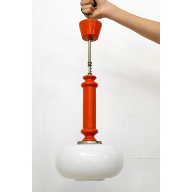 Orange Vintage Space Age Pendant Light in Orange Wood & Opaline Lampshade, 1960s For Sale - Image 8 of 12