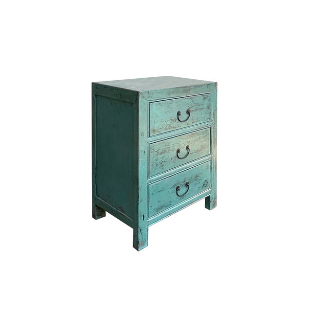 Distressed Teal Green Marks 3 Drawers End Table Nightstand Cabinet For Sale - Image 4 of 4