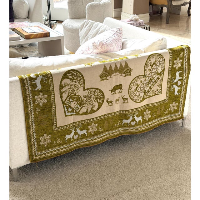 An extraordinary mid-20th century French jacquard tapestry throw blanket showcasing an intricate, highly stylized Alpine...