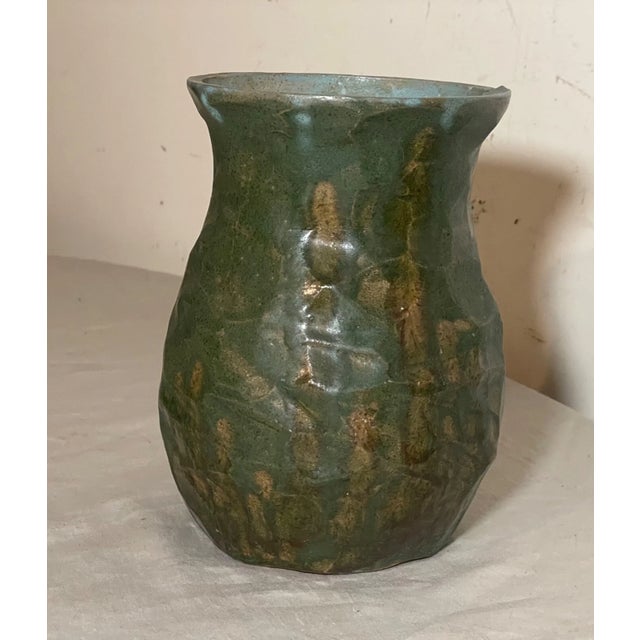 Unique Vintage Handmade Signed 74 Green Glazed Wrinkle Crinkled Art Pottery Vase For Sale - Image 10 of 13
