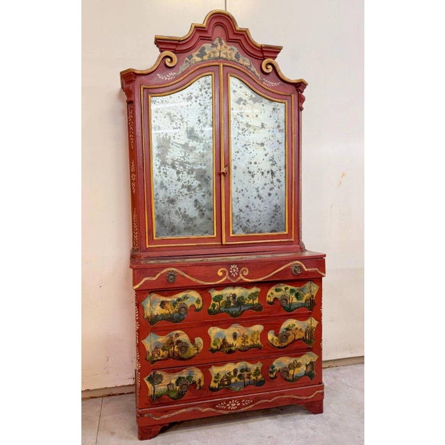 Venetian Louis XV Style Lacquered Wood Bookcase Front opening with 4 drawers and 2 mirrored doors (some pitting) Entirely...