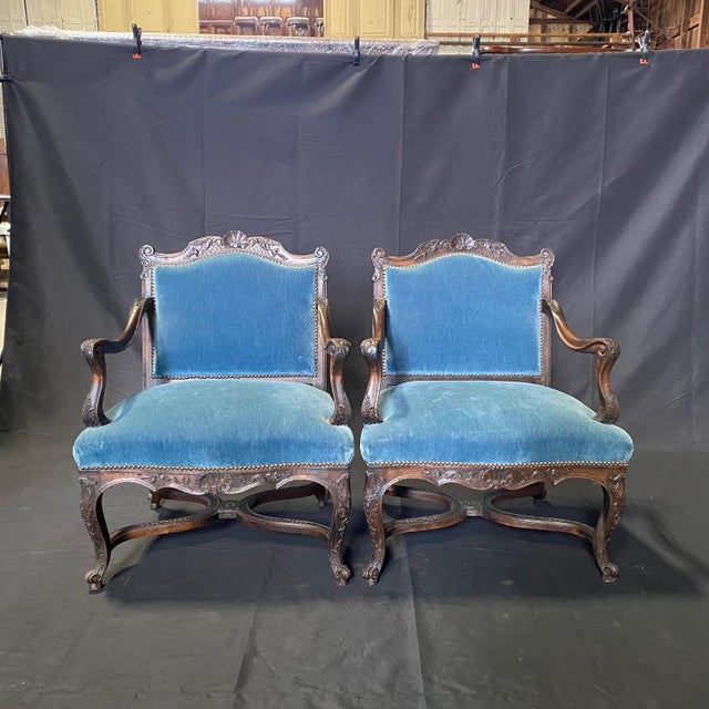 French French Louis XV Set of 4 Chairs With Original Blue Mohair Upholstery For Sale - Image 3 of 12