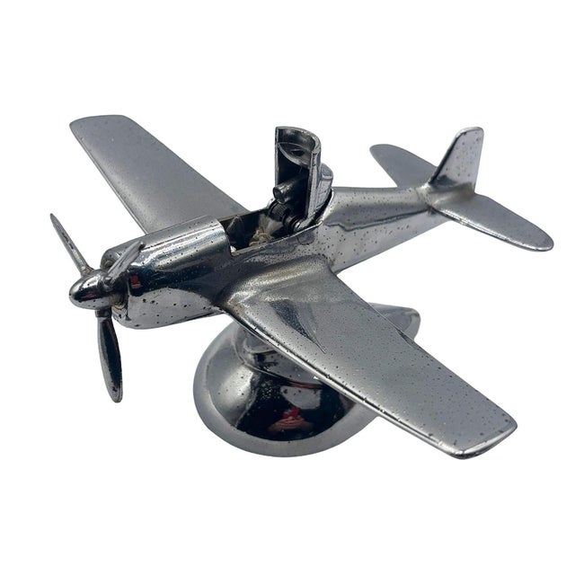 Art Deco 1940s Art Deco Chrome Propeller P-51a Mustang Airplane Table Lighter by Hamilton For Sale - Image 3 of 10