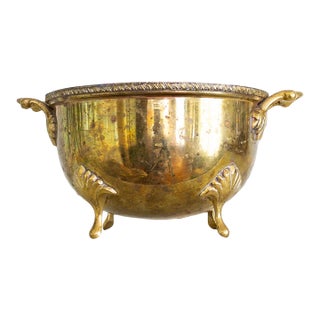 Footed Brass Bowl Shaped Jardiniere Pot With Shell Handles For Sale