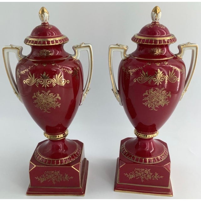 Ceramic Vintage Pair of Noritake Porcelain Urns Hand Painted Red With Gold For Sale - Image 7 of 8