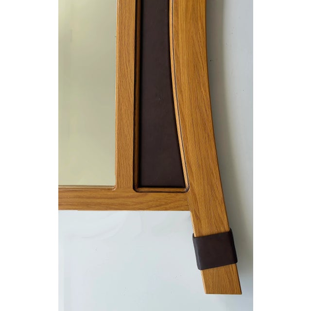 2012 Artist Signed Oak and Leather Studio Crafted Wall Mirror For Sale - Image 4 of 6