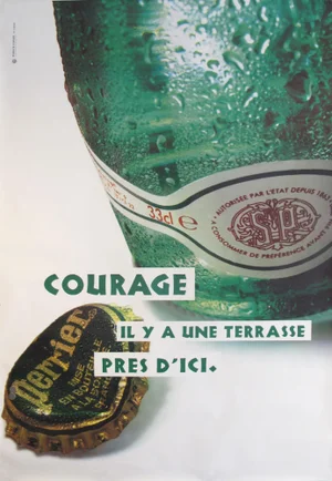 1990s French Perrier Advertisement, Courage Il Y a Une Terrasse Près d'Ici