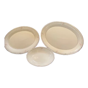 Vintage Royal Doulton “Pink Carnation” English Fine Bone China 3 Piece Serving Set. 2 Serving Platters & 1 Bowl With Platinum Trim Guilding & Accents