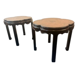 1980s Pair of Drexel Heritage Chinoiserie Clover Form Side Tables With Etched Tops For Sale
