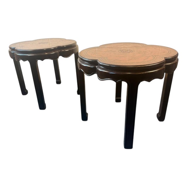 1980s Pair of Drexel Heritage Chinoiserie Clover Form Side Tables With Etched Tops For Sale
