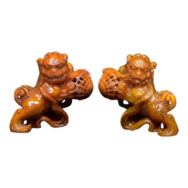 Pair of Shoushan Stone Guardian Lions – 3" Foo Dogs With Brocade Balls For Sale