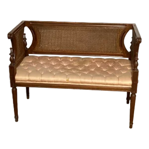 1960s Vintage Regency Caned Back Upholstered Entry Bench
