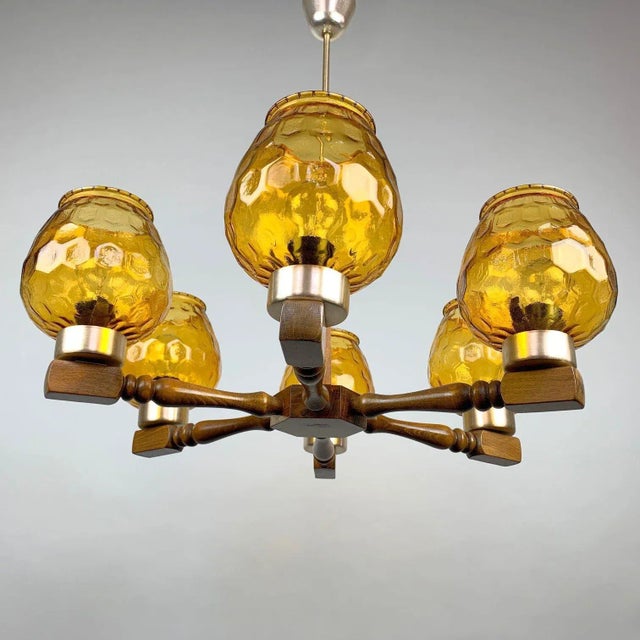 Mid-Century Wood and Glass Chandelier, 1970s For Sale - Image 3 of 11