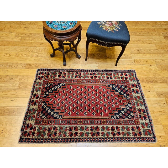 Vintage Turkish Village Area Rug, Hand-Knotted Wool, Red & Navy, 1950s, 3' x 5' For Sale - Image 4 of 15