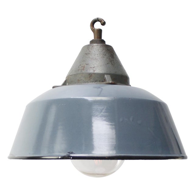 Gray Vintage Industrial Grey Enamel and Cast Iron Pendant Lamp For Sale - Image 8 of 8
