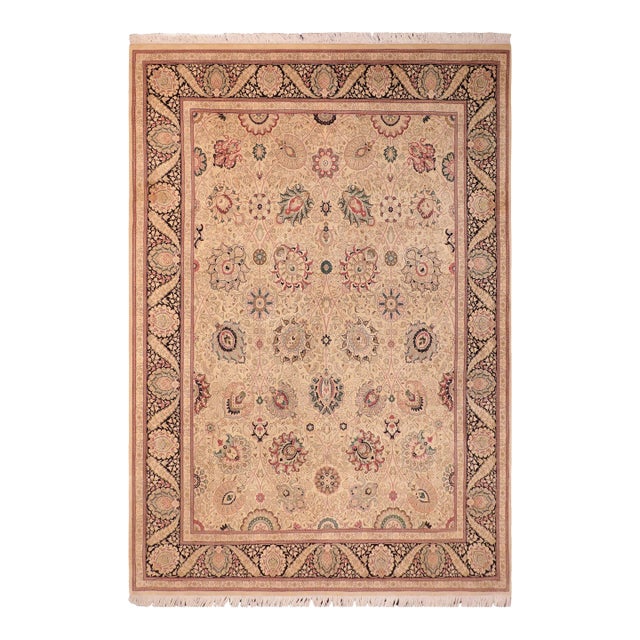 Elegant Floral 1990's Pak-Persian Beige/Black Wool Rug - 8'0'' X 11'1'' For Sale