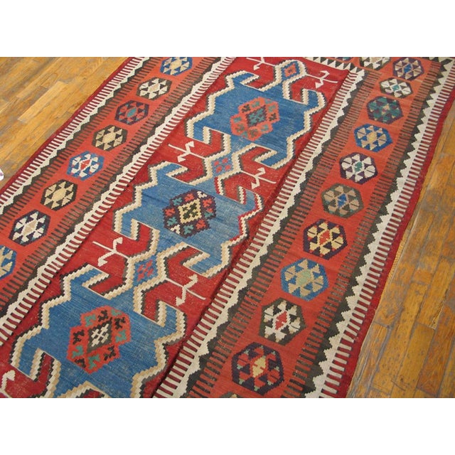 Tribal 1890s Red Geometric Tribal Antique Kilim Oushak Rug 4'10" X 9'7" Flatweave Wool Carpet For Sale - Image 3 of 4
