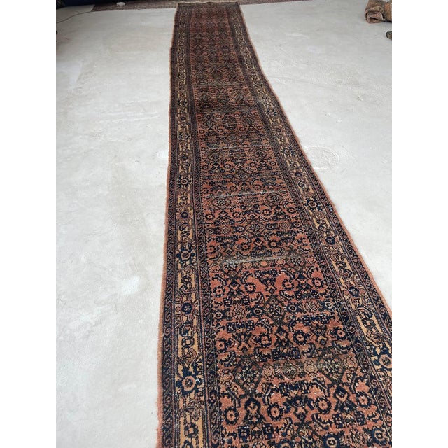 Textile 1940s Coral & Glowinng Blush with Indigo & Army Green Runner Rug 2.8 x 19.7 For Sale - Image 7 of 12