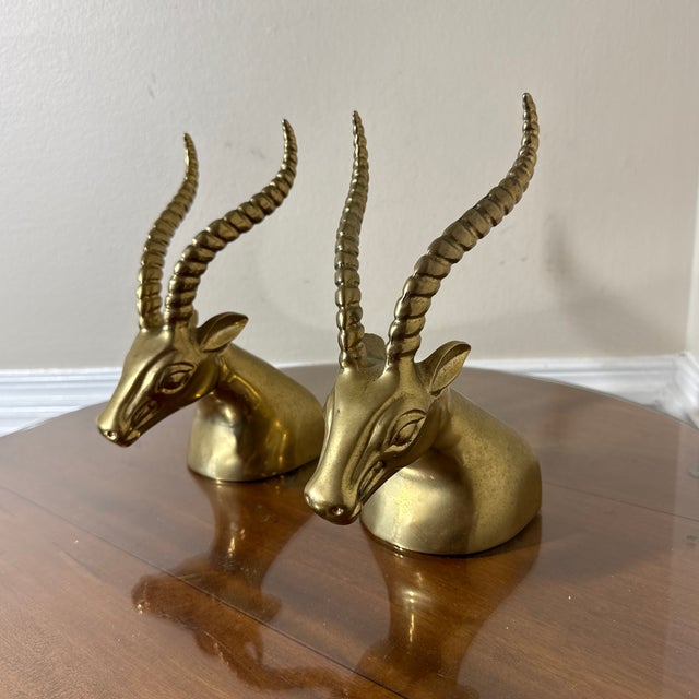 1970s Solid Brass Antelope Gazelle Ram Head MCM Bookends Pair Vintage Heavy For Sale - Image 5 of 7