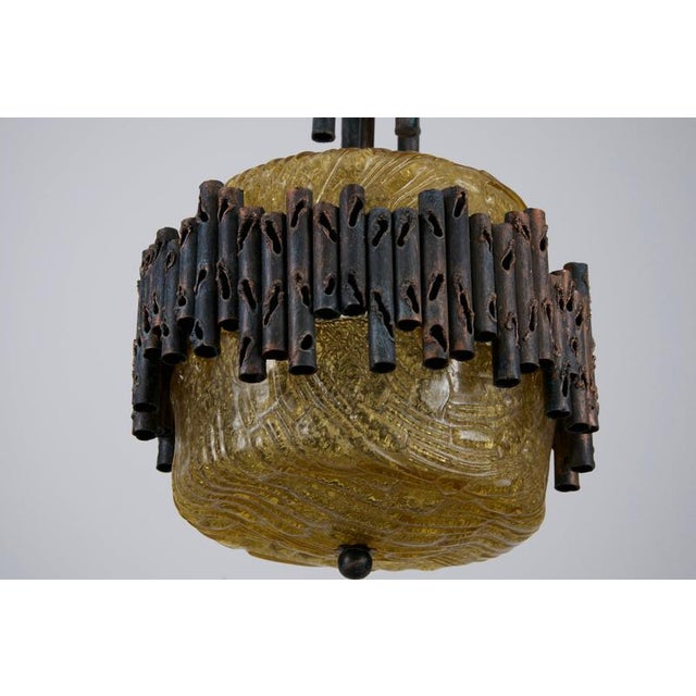 Brutalist Metal and Textured Amber Glass Pendant Lamp, Germany, 1970s For Sale - Image 10 of 12