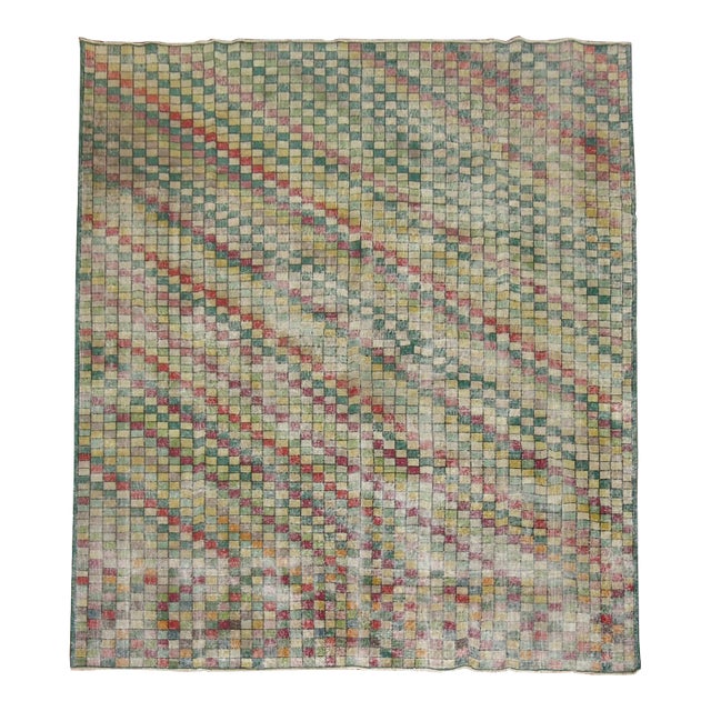 Late 20th Century Distressed Checkerboard Green Turkish Deco Room Rug For Sale