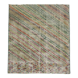 Late 20th Century Distressed Checkerboard Green Turkish Deco Room Rug - 8'4" x 9'9" For Sale