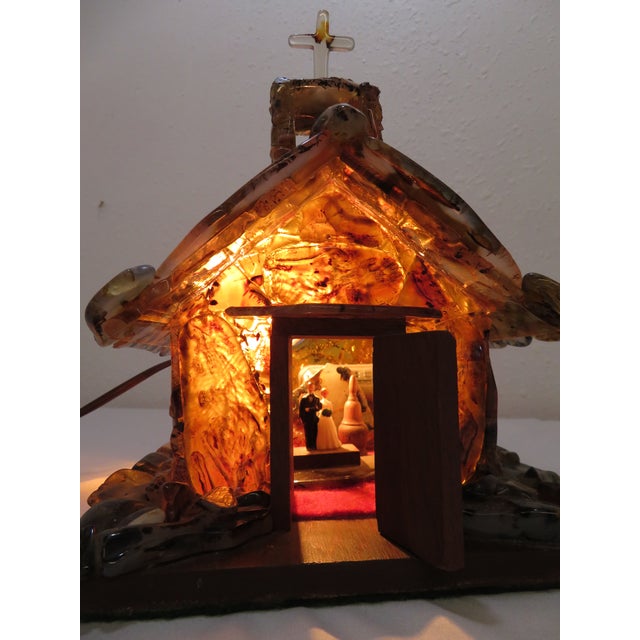 Gray Handmade Sliced Agate ~ Stone Church Art Sculpture ~ Lamp & Music Box ~ Vintage Wedding Chapel Diorama For Sale - Image 8 of 18