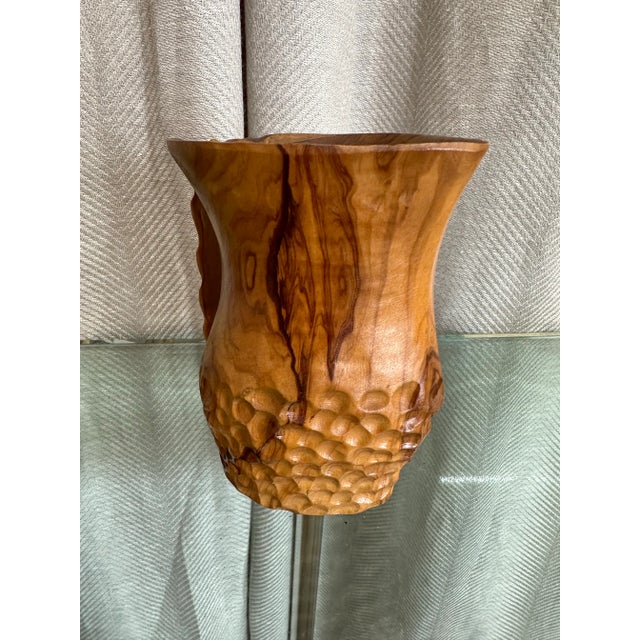 Vintage Italian rustic hand carved natural matte finish ancient Olive wood pitcher.