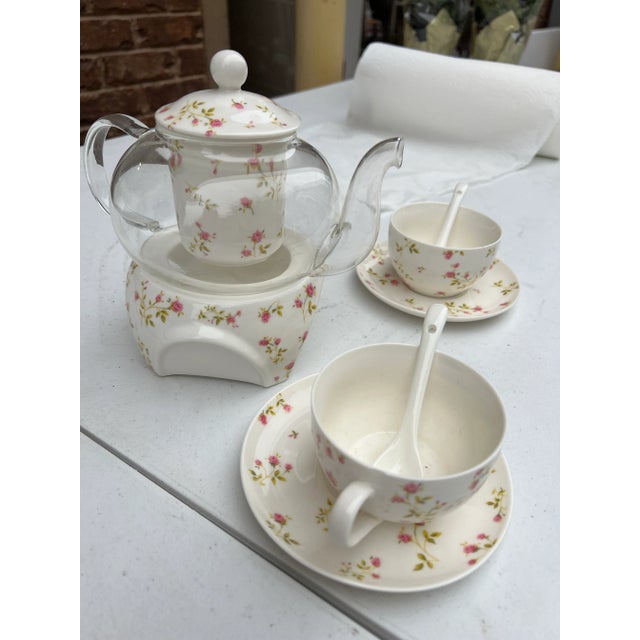 1970s Glass and Ceramic Tea Set With Painted Pink Rose Details- 9 Pieces For Sale - Image 4 of 7