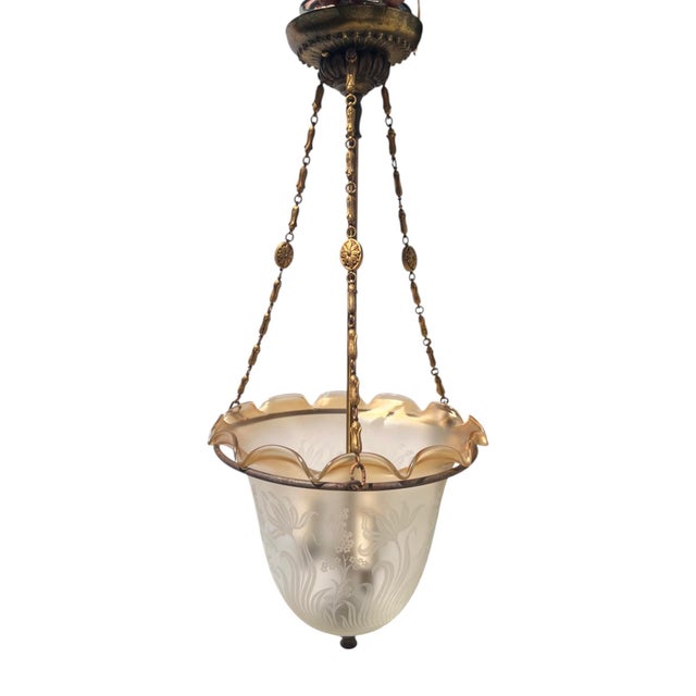 Art Deco Etched Glass Pendant Bell Jar/Hall Lantern Light With Amber Rim, C. 1930s For Sale - Image 9 of 15