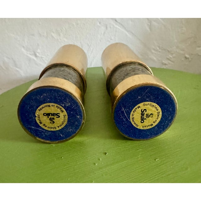 Mid-Century Modern Vintage Saulo of Norway Brass and Stone Candleholders For Sale - Image 3 of 3