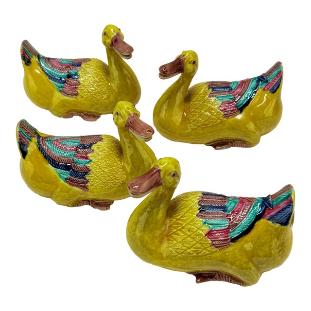 Set of 4 Antique Chinese Export Porcelain Famille Jaune Duck Models For Sale