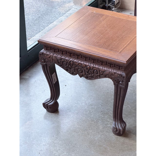 Pair of Vintage Asian Chinoiserie Carved Hardwood Low Side Tables For Sale - Image 4 of 8