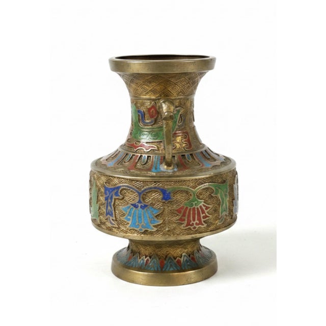 Chinoiserie Vintage Asian Champlevé Enamel Brass Vase With Elephant-Head Handles For Sale - Image 3 of 9