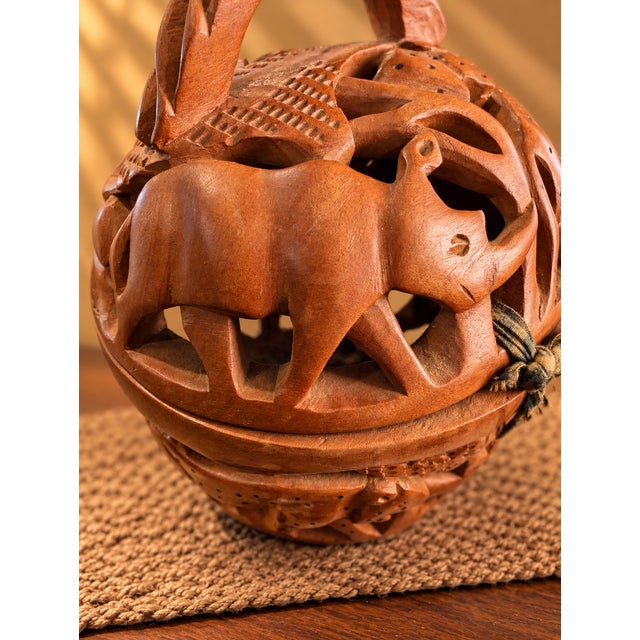 Wood 1970s Hand-Carved Openwork Wood Safari Animal Basket Sculpture For Sale - Image 7 of 11